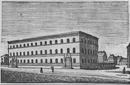 Zeichnung des Gebäudes, vermutlich 1834 kurz vor der Fertigstellung. Aus: Georg Kaspar Nagler: "Acht Tage in München", 1834 (Bayerische Staatsbibliothek, Signatur BA Bavar. 2582, S. 16)